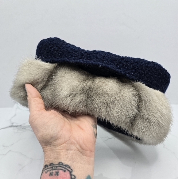 vintage 60's | navy blue cream real fur maximalist detachable collar unisex - Picture 6 of 10